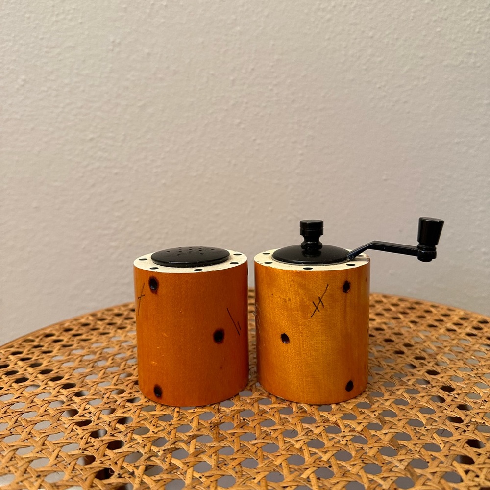 Vintage mini wood salt shaker and pepper grinder